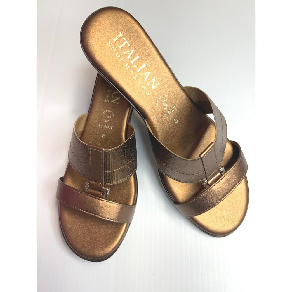 Italian Shoemakers Bronze Metallic Wedge Slide Sandals Size 8 Made in Italy
